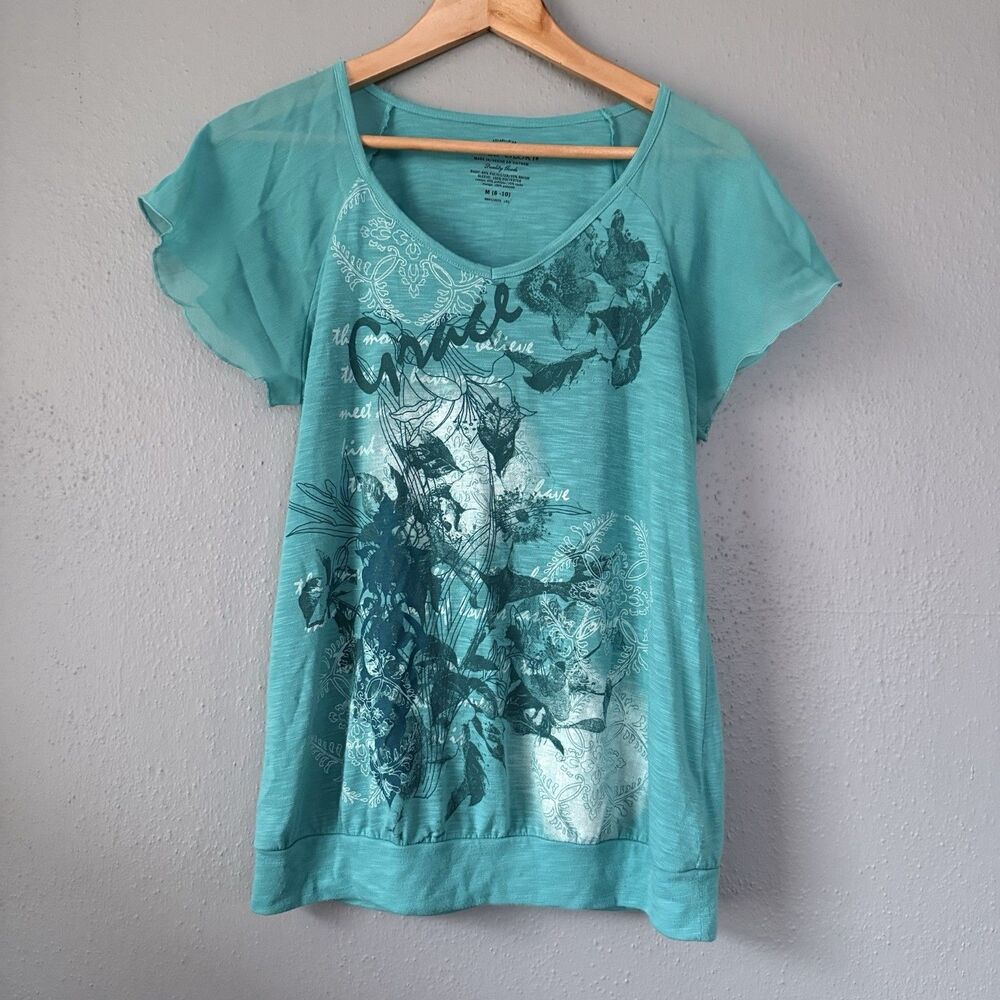 Faded Glory womens size M 8-10 short sleeve v-neck floral print blue t-shirt